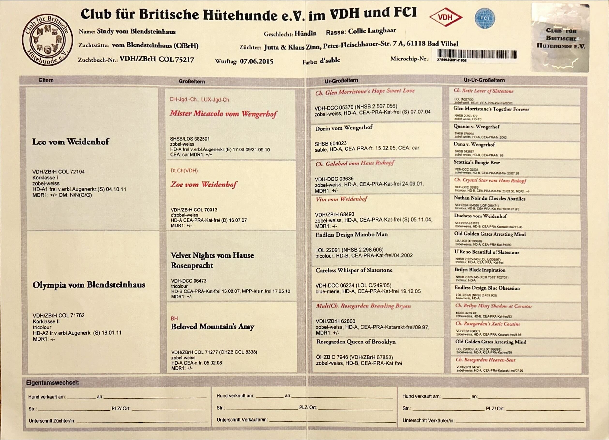 Ahnentafel Sindy vom Blendsteinhaus